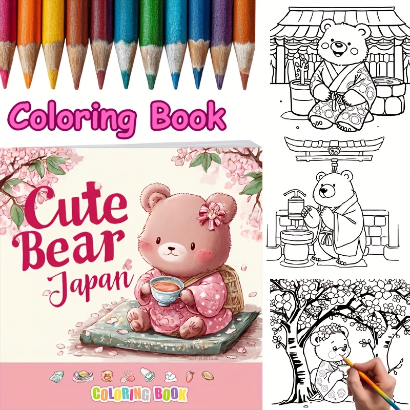 Adult Coloring Book Stress Relief - สมุดระบายสีหมีน่ารักในญี่ปุ่น 28 หน้าสำหรับผู้ใหญ่ลดความเครียด | สมุดระบายสีเพื่อบรรเทาความเครียดและลดอารมณ์
