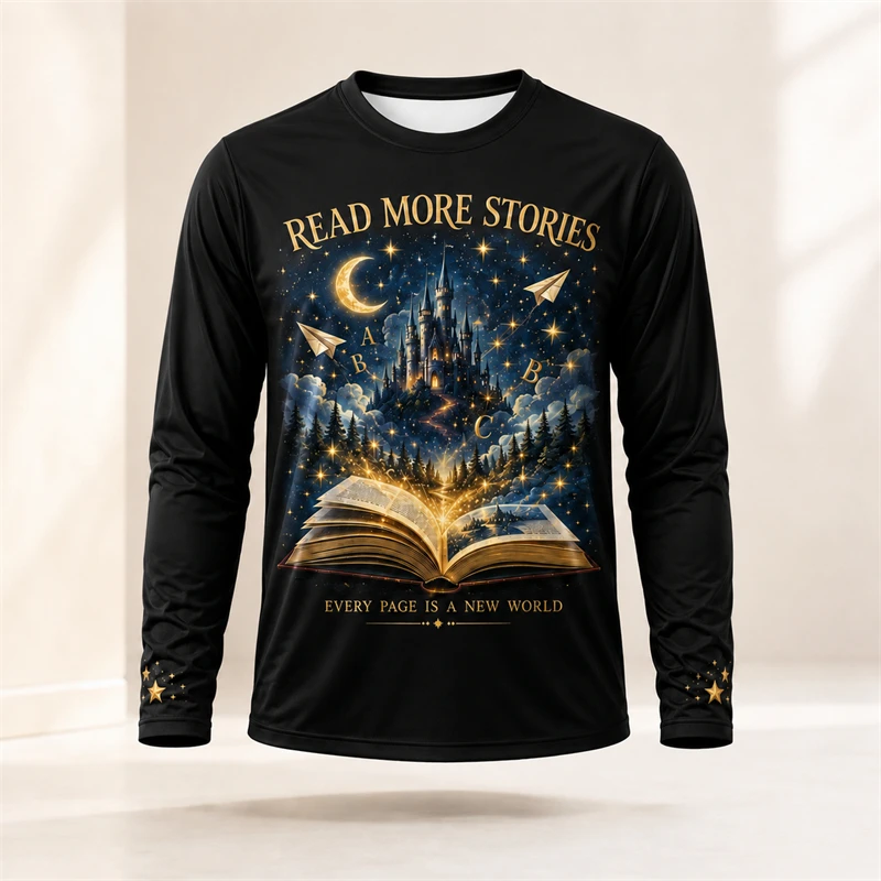 Books - เสื้อยืดแขนยาวพิมพ์ลายหนังสือปราสาทเวทมนตร์แฟนตาซีสำหรับผู้ชาย ลายกราฟิกท้องฟ้าเต็มไปด้วยดวงดาว คอกลม สไตล์ลำลอง ธีมการอ่านวรรณกรรม เสื้อแฟชั่น