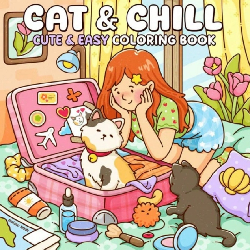 Adult Coloring Book Stress Relief - สมุดระบายสีแมวและเด็กผู้หญิงน่ารัก สำหรับผู้ใหญ่ ช่วยคลายเครียด สมุดวาดภาพ ของขวัญที่สมบูรณ์แบบสำหรับงานปาร์ตี้ วันเกิด